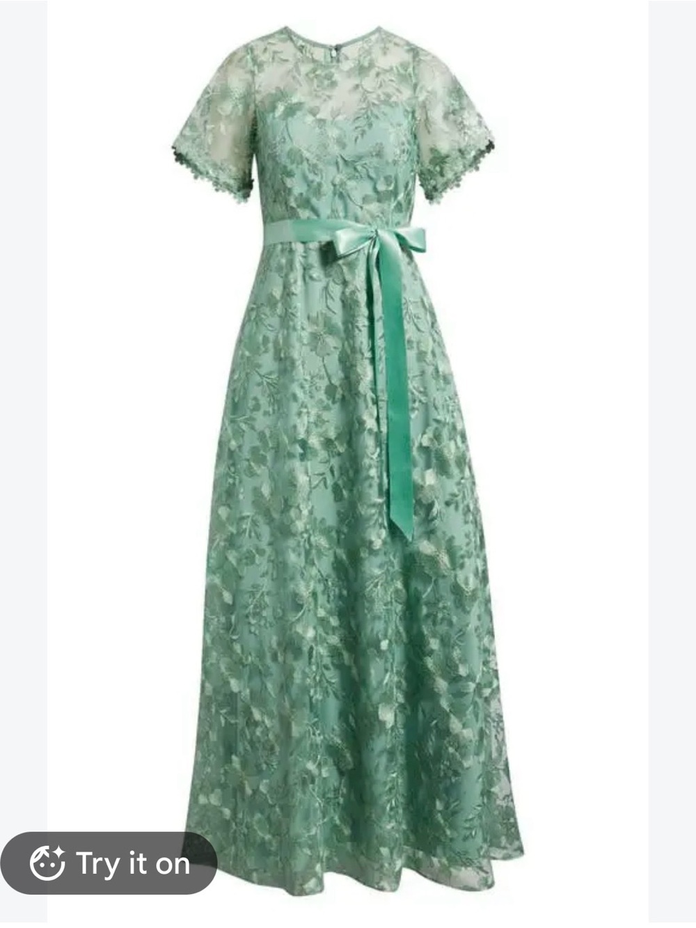 Tahari ASL Mint Green Lace Maxi Dress with Satin Waist Tie